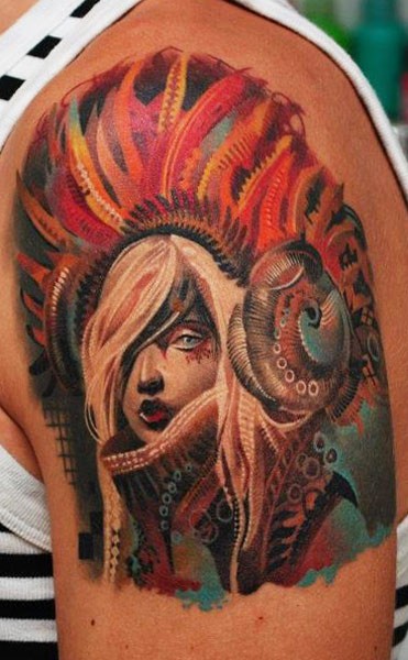 Coloured native american girl tattoo by Sivak