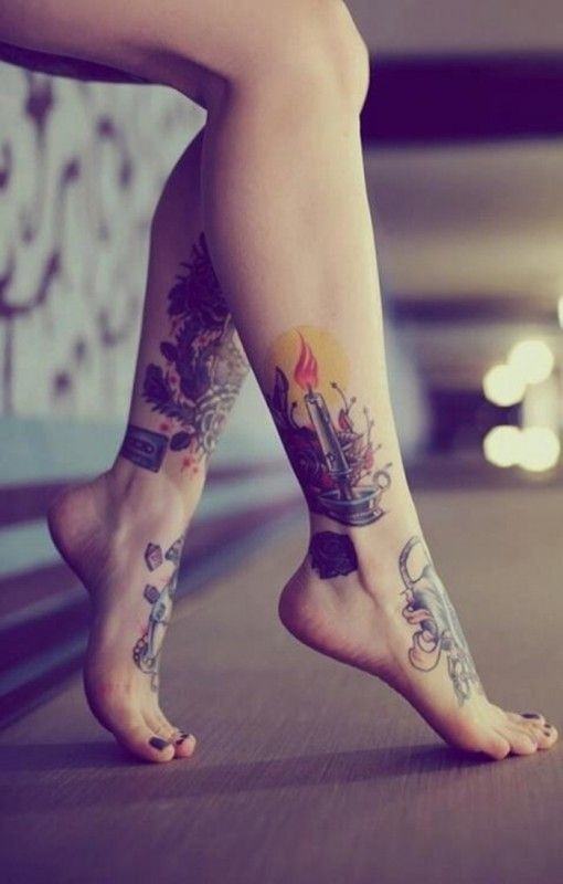 Coloured neo traditional tattoo on feet