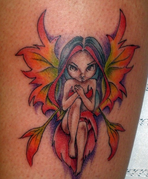 Coloured offended fairy tattoo