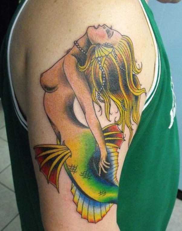 Coloured old school mermaid tattoo on half sleeve