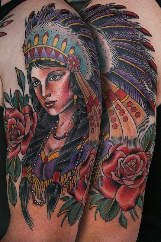 Coloured old school native american girl tattoo on shoulder by Stefan Johnsson