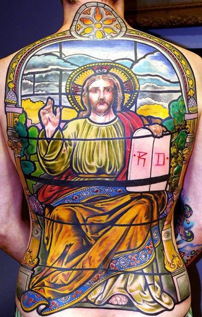 ritratto colorato predicazione di gesu" tatuaggio pieno di schiena