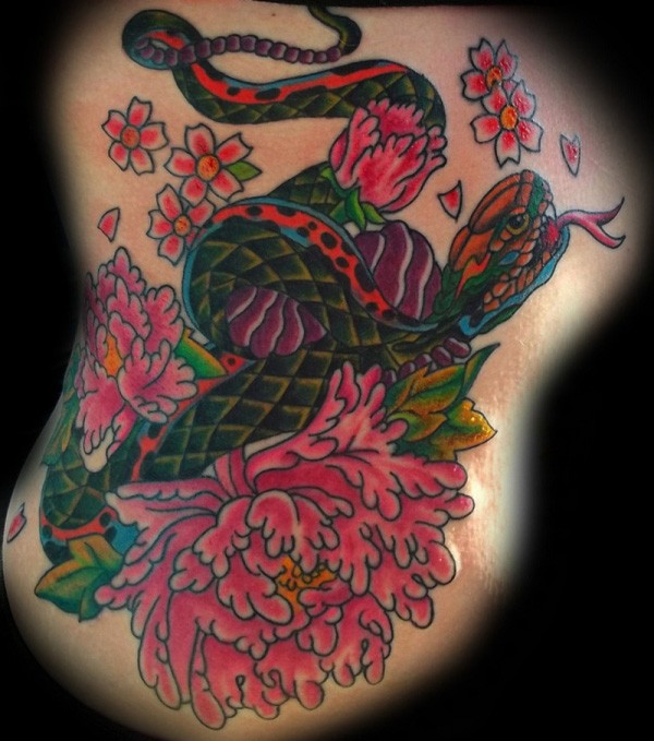 Coloured snake and pink flowers tattoo