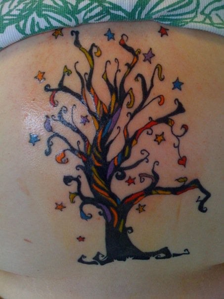 Coloured stylized tree tattoo