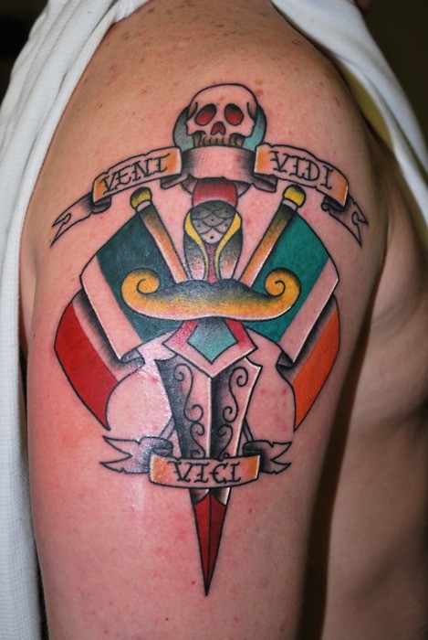 Coloured symbols of italy tattoo on shoulder