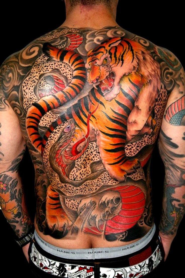 Coloured tiger with snake tattoo on back in asian style