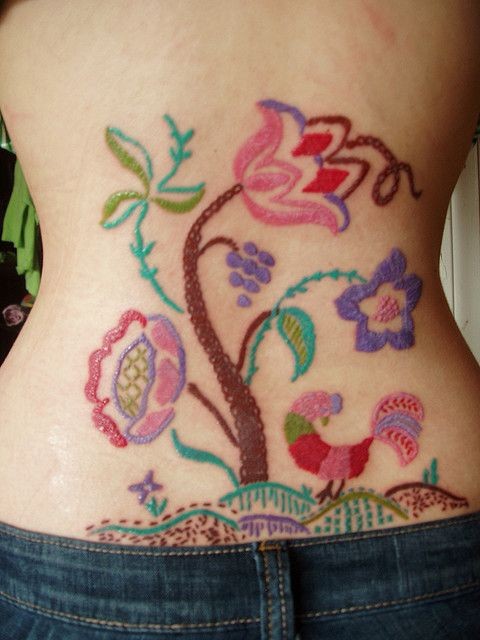 Coloured tree patchwork tattoo on lower back