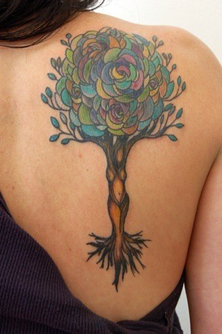 Coloured tree tattoo on shoulder blade