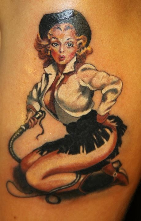 Coloured vintage cowgirl pin up tattoo by Marco Firinu