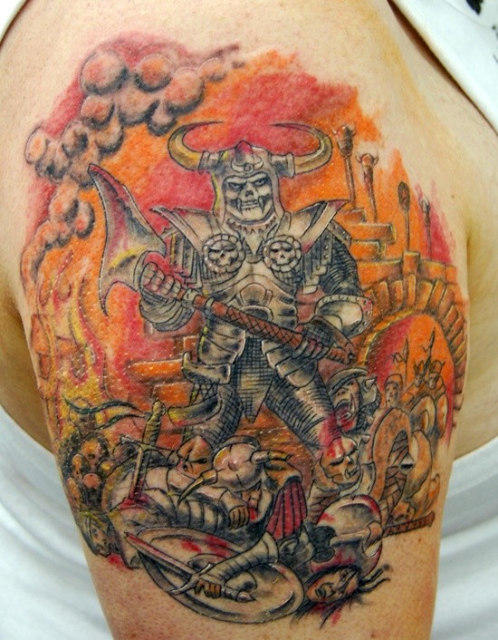 Coloured warrior skeleton with ax in hand tattoo