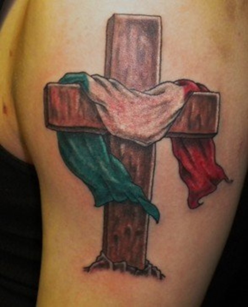 Coloured wooden cross with flag of italy tattoo