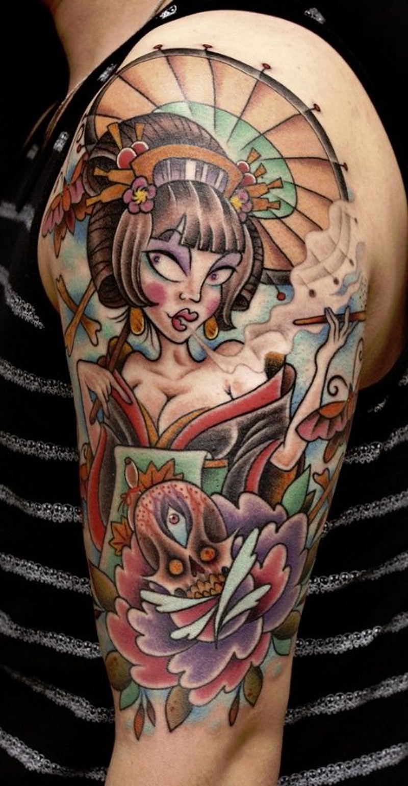 Comic books like multicolored shoulder tattoo of smoking seductive geisha and flowers