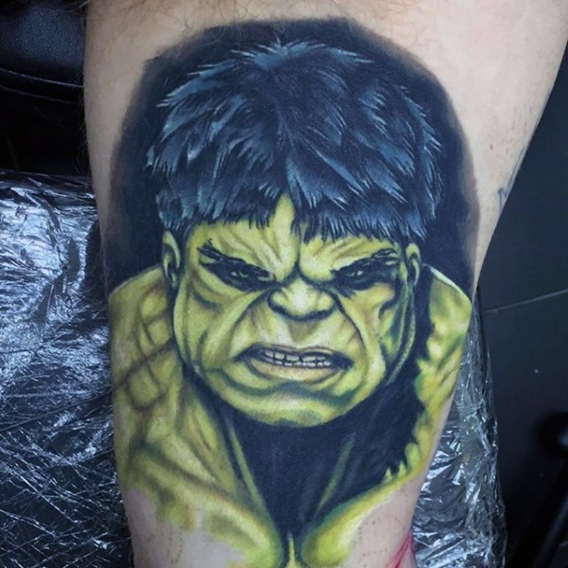 Comic books style colored arm tattoo of angry Hulk