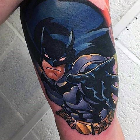 Comic books style colored arm tattoo of Batman