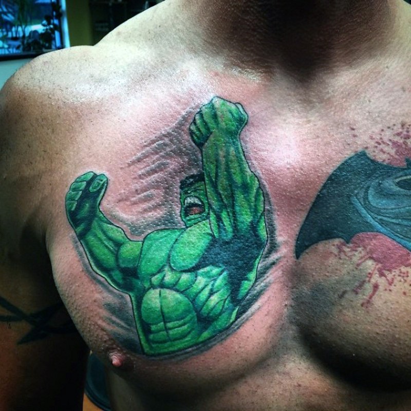 Comic books style colored chest tattoo of furious Hulk