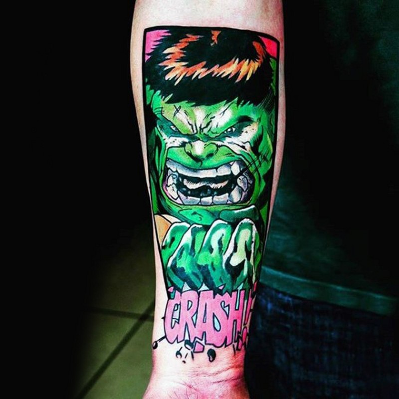 Comic books style colored forearm tattoo of Hulk with lettering