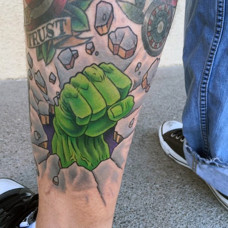 Comic books style colored leg tattoo of Hulks smash