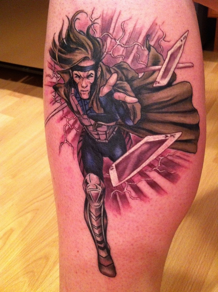 Comic books style colored leg tattoo of fantasy warrior with cards
