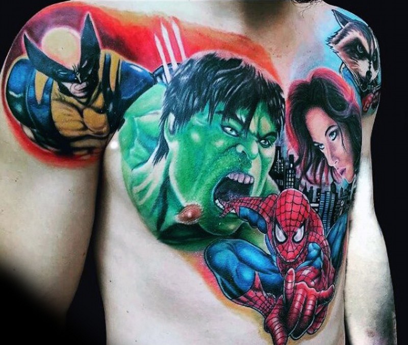 Comic books style colored shoulders and chest tattoo of different superheroes