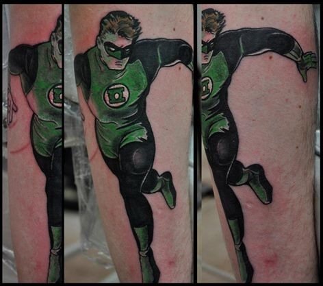 Comic books style colored tattoo of running Green Lantern