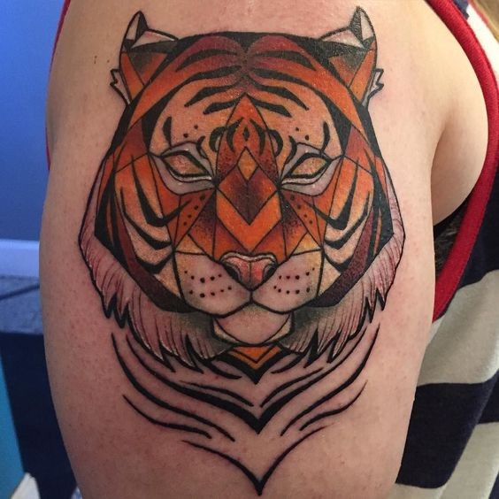 Comic books style colored upper arm tattoo of tiger mask