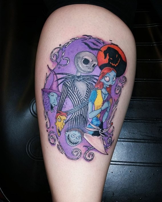 Comic books style painted and colored Nightmare before Christmas cartoon tattoo on thigh