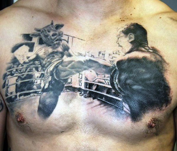 Tatuaje en el pecho,  combatiente en el ring, colores negro y blanco
