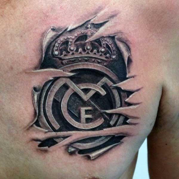 Cool 3D like black ink football club emblem tattoo on chest