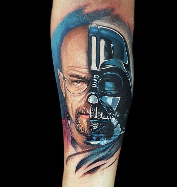 Cool 3D style colorful forearm tattoo of half Vader half Heisenberg portrait