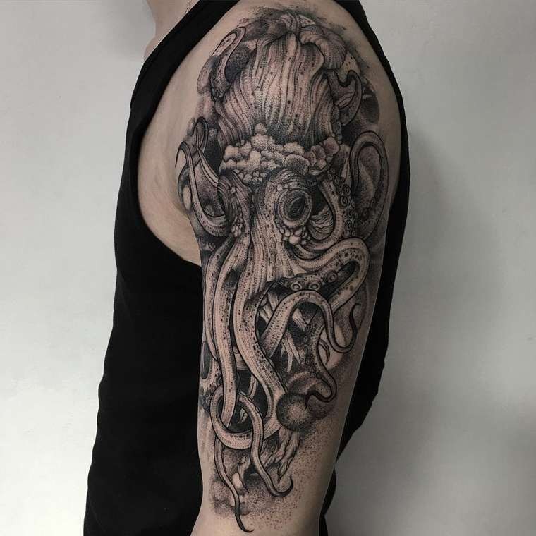 Cool 3D style detailed shoulder tattoo of big octopus