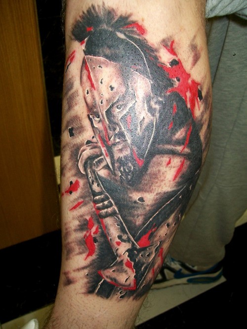 Cool 3D style painted colored big leg tattoo of bloody Spartan warrior