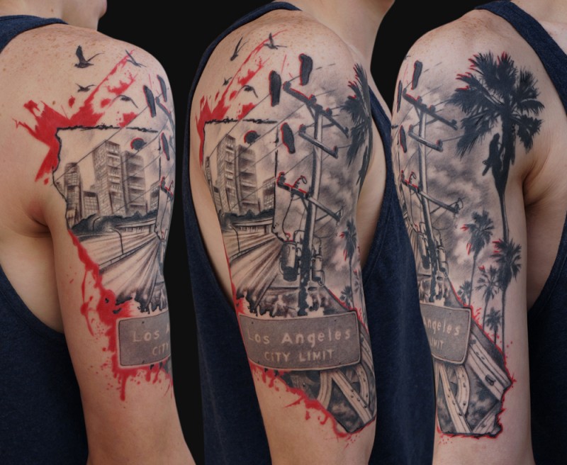 Cool American city dedicated great colored photo like tattoo on shoulder