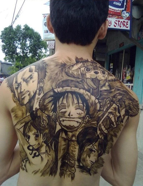Cool Asian cartoon themed black and white whole back tattoo of various heroes