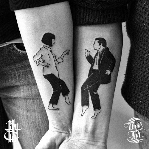 Cool black ink couple forearm tattoo of dancing people