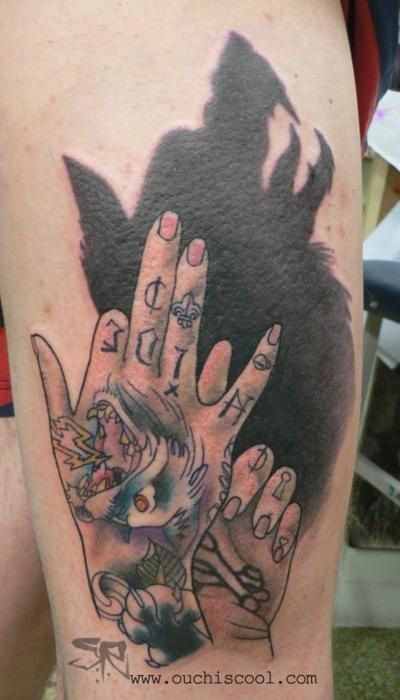 Cool black ink shadow play tattoo on thigh with awesome painted hands