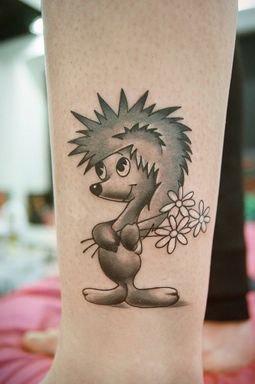 Cool cartoon gray-ink hedgehog with bouquet tattoo on shin