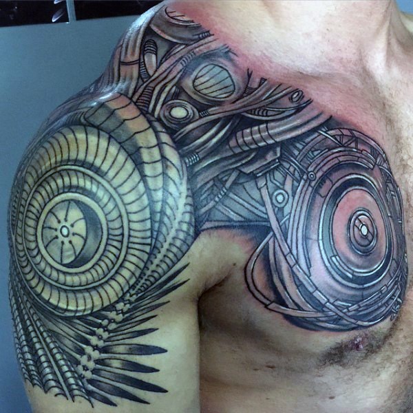 Cool cartoon like detailed colored biomechanic tattoo on shoulder and chest