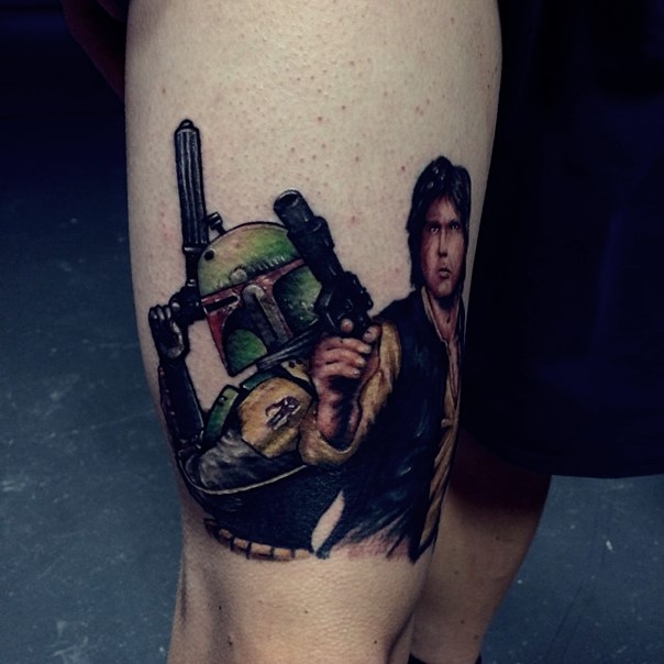 Cool colored 3D style painted on thigh tattoo of Boba Fett and Han Solo portraits