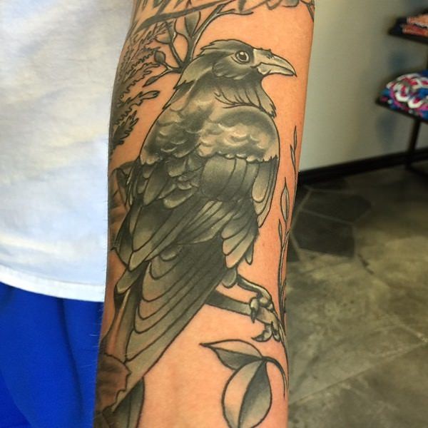 Cool colored detailed crow tattoo on forearm zone