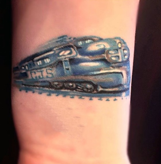 Cool colored futuristic train tattoo on wrist