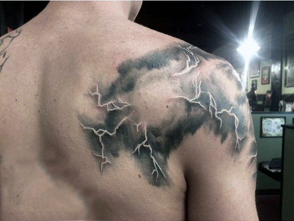 Cool colored lightning cloud tattoo on shoulder