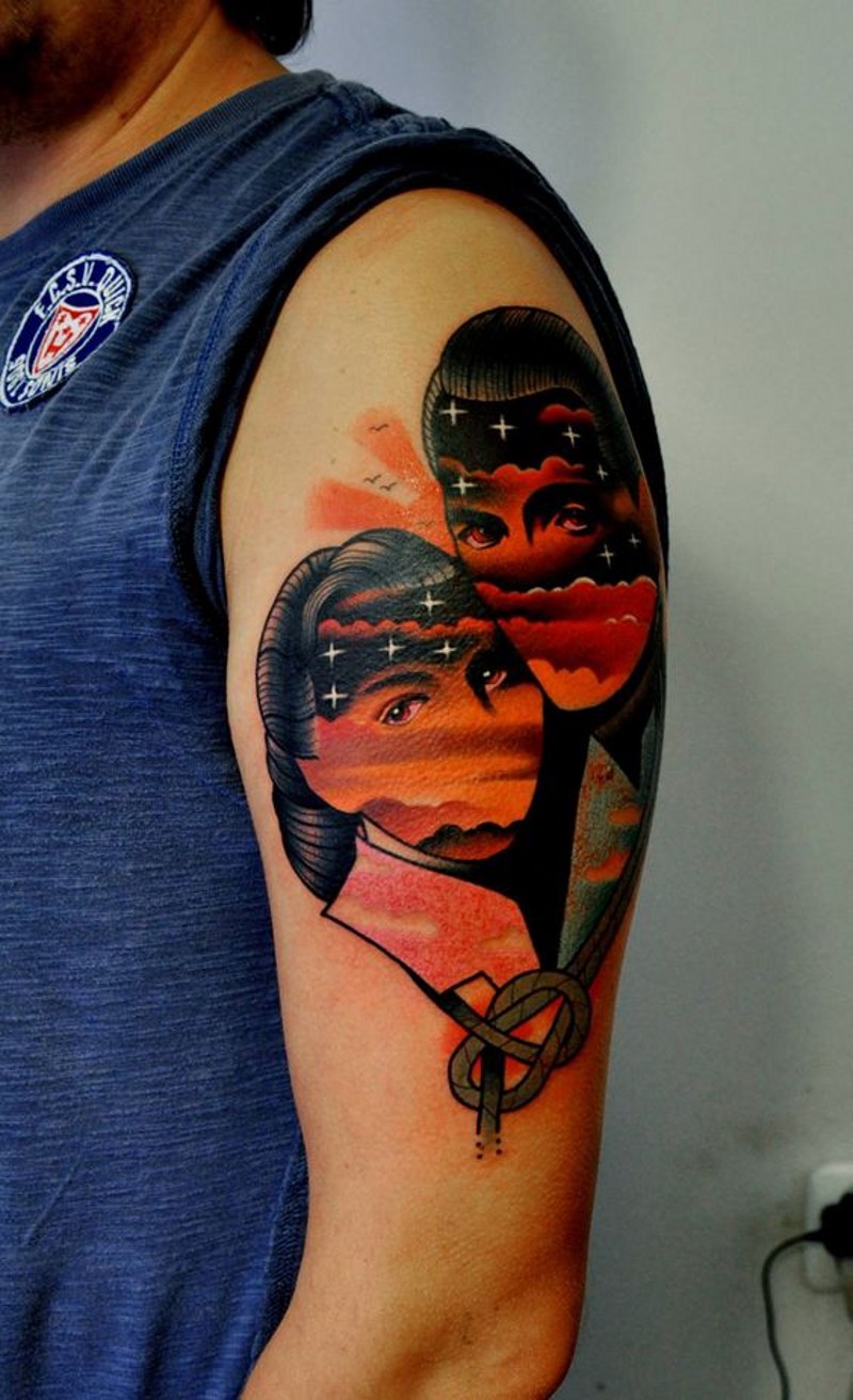 Cool combined couple portrait with stars tattoo on upper arm