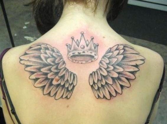 Cool crown and wings tattoo for women