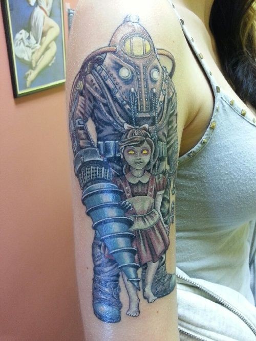 Cool designed and colored big mystical robot with little girl tattoo on shoulder