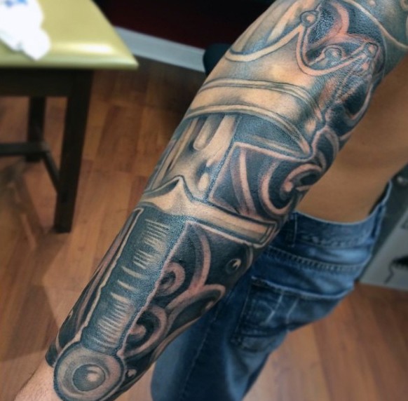 Cool detailed and colored massive medieval sword tattoo on sleeve