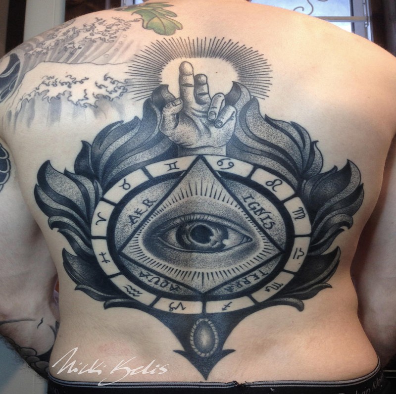 Cool detailed back tattoo of mysterious pyramid with zodiac symbols