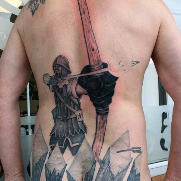 Cool detailed medieval archer tattoo on whole back