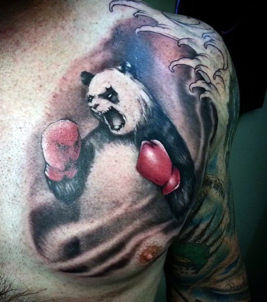 Cool fantasy like colored evil panda boxer tattoo on chest