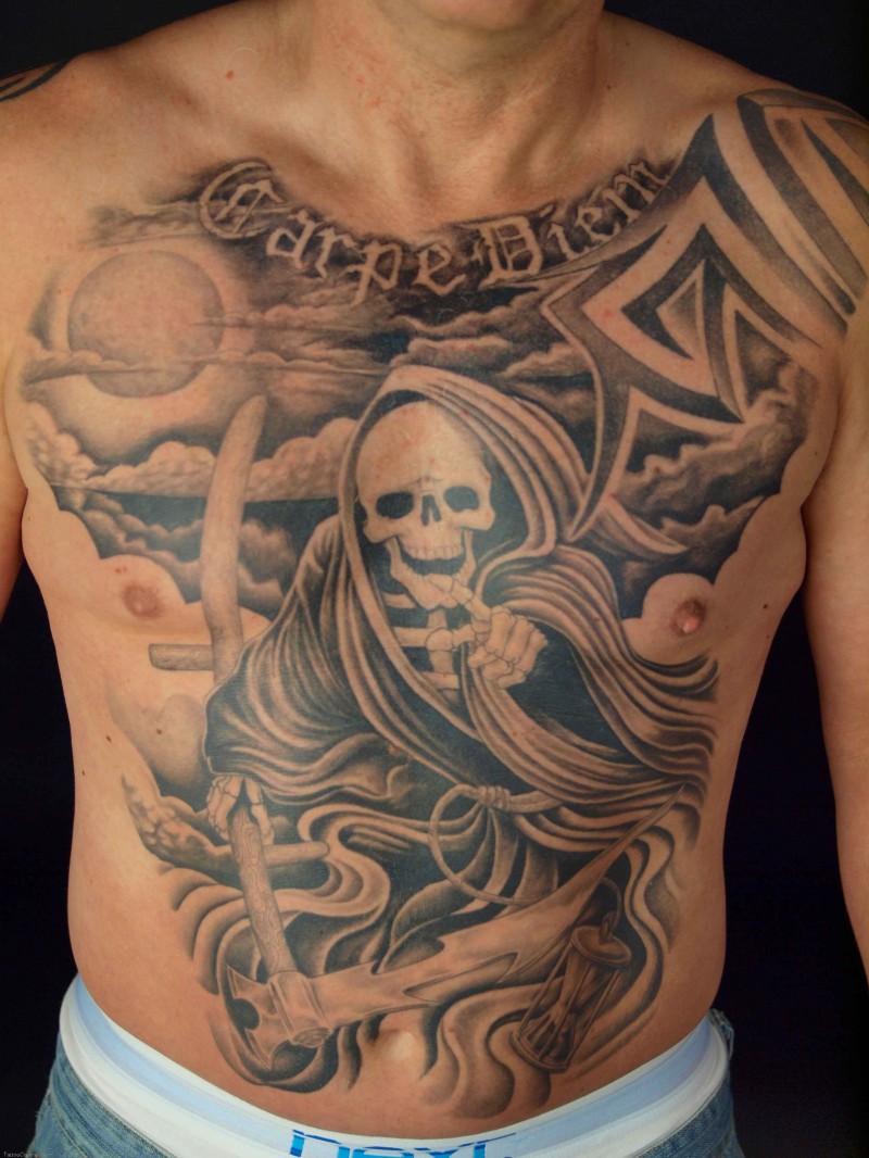 Cool great grim reaper tattoo on chest and stomach