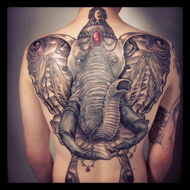 Cool idea of elephant butterfly mantis tattoo on back